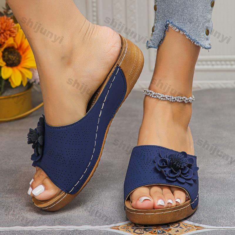 Women's Flower Wedge Platform Slippers 2026 Summer New Casual Premium Open Toe Sandals Beach Anti-slip Slides Zapatos De Mujer