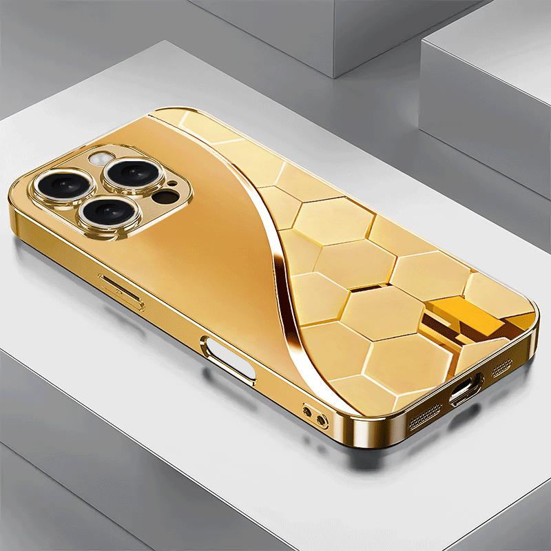 Premium Ultra-Thin Gold-Plated Honeycomb Design Tempered Glass Phone Case for iPhone 17 16 15 14 13 12 11 etc