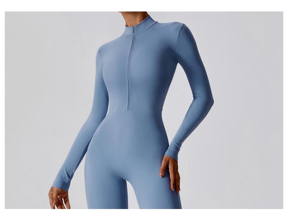 Black Autumn Bodycon Bodysuit with Long Sleeves & Zipper - Butt-Lifting Fitness Pants for Women, Ideal for Running, Sports, and Yoga.