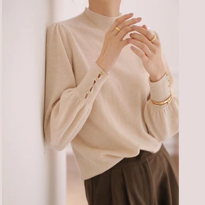 Autumn and Winter New Temperament Semi-turtleneck Back Buckle Design Lantern Sleeves High-end Sense Solid Color Knitted Bottoming Sweater Women
