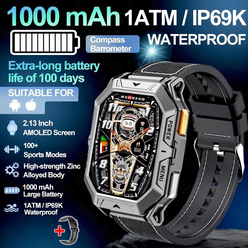 New 1000mAh Battery Smart Watch 2.13-Inch AMOLED Screen Men's Watch Compass 10ATM Waterproof Bluetooth Call Sports Smart Watch