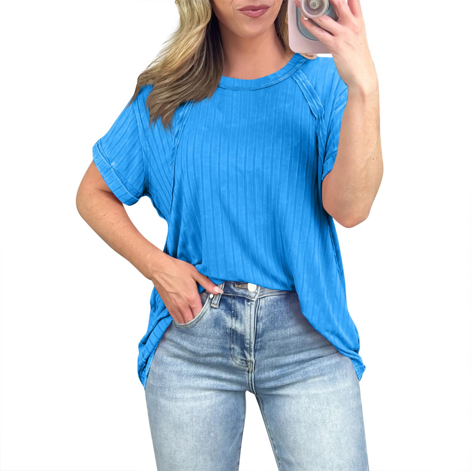 

Women s Round Neck Solid Color Short Sleeve Loose Casual Knit T-Shirt Top XL
