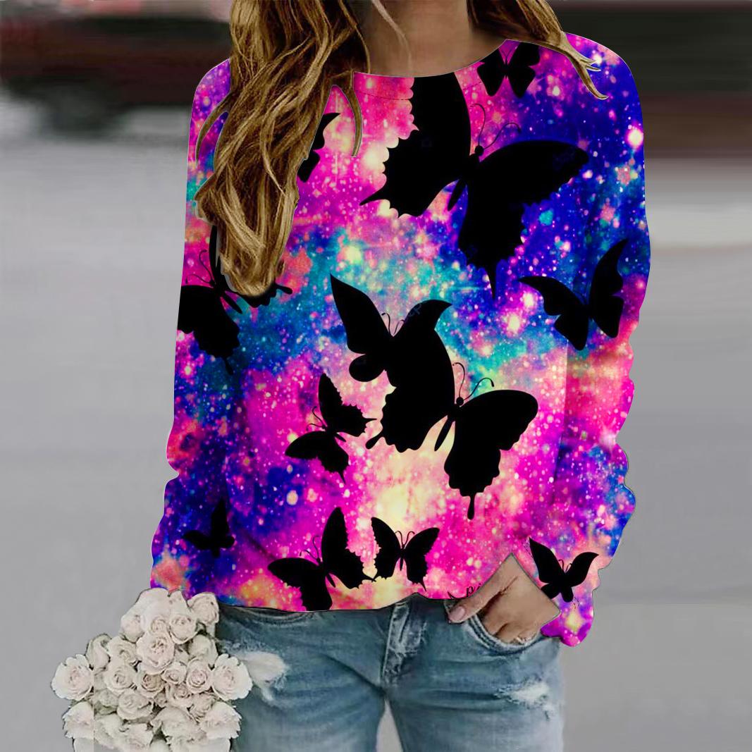 

Осенняя женская модная футболка с круглым вырезом и длинным рукавом, свободная одежда, зеленая футболка с принтом в виде бабочки для девочек, уличная 3XL розовый