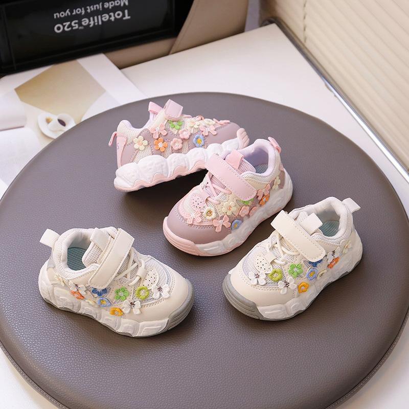 Girls sports shoes 2025 new spring and summer children's shoes girls fashion mesh breathable casual shoes embroidery flowers
