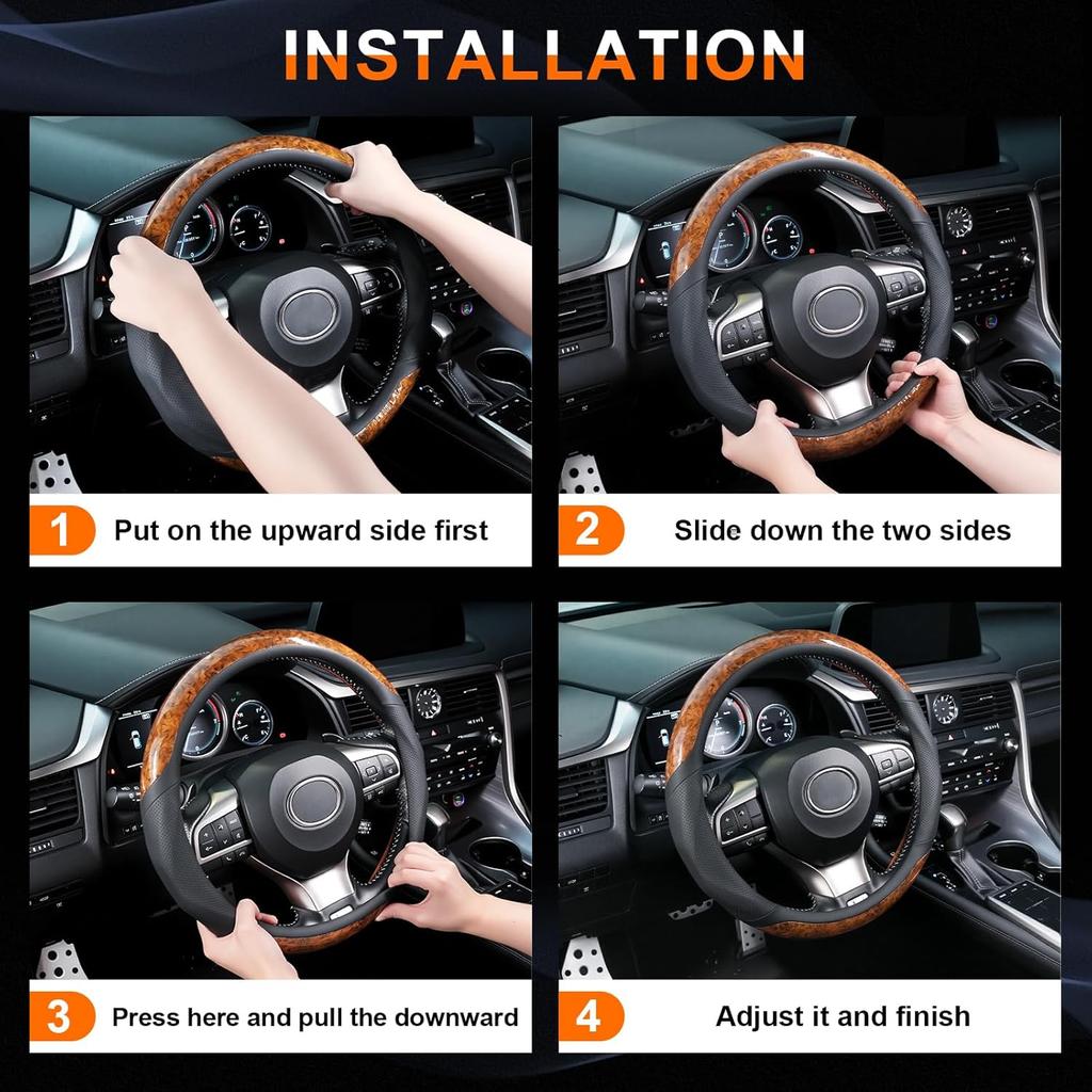 JUSTTOP Wood Grain Car Steering Wheel Cover, 14.5-15 Inchs Leather Steering Wheel Cover, Anti-Slip, Car Interior Accessories for Men Women, Universal