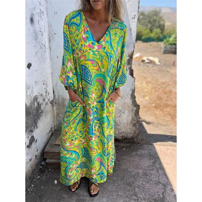 Women's Long-sleeved V-neck Casual Loose Long Printed Dress