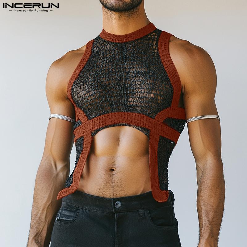 INCERUN Summer Men Sleeveless Stitching Irregular Cutout Hollow Out Tanks Tops