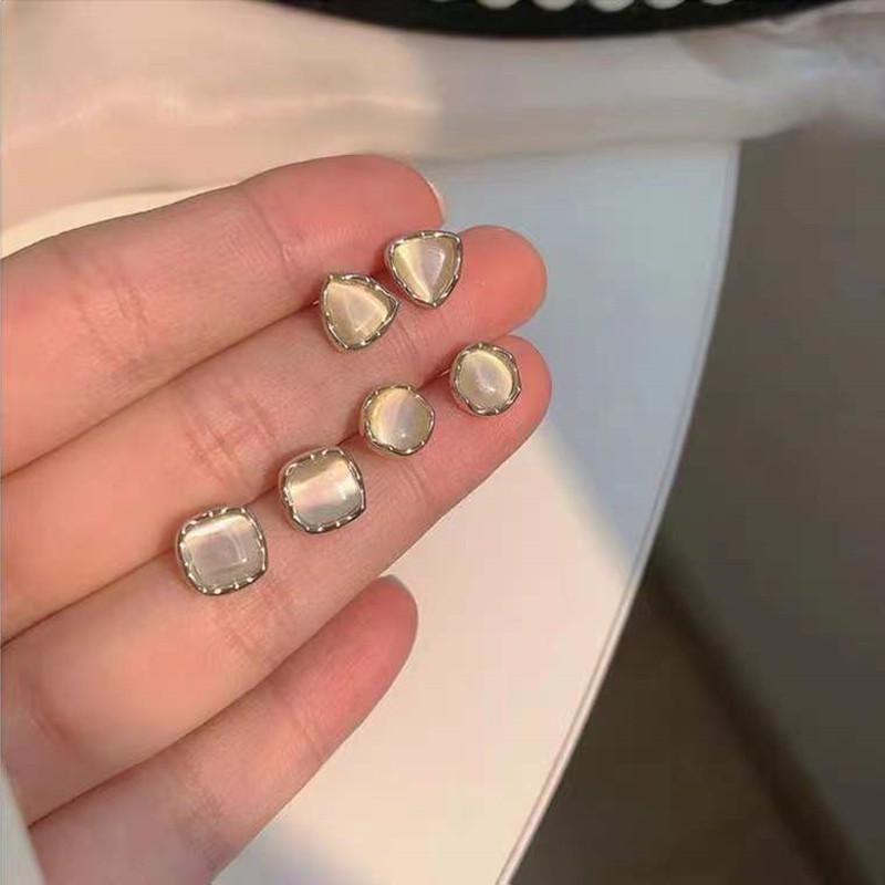 S925 Silver French Retro Cat's Eye Geometric Stud Earrings Set – Simple & Elegant Women's Accessories