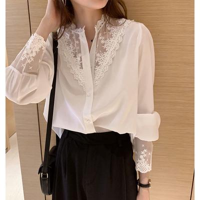 Mode Koreanische Lace Up Rüschen Blusen Frauen Herbst Süße Lose Kleidung Stehen Collat Damen Tops Vintage Spitze Shirts Frauen