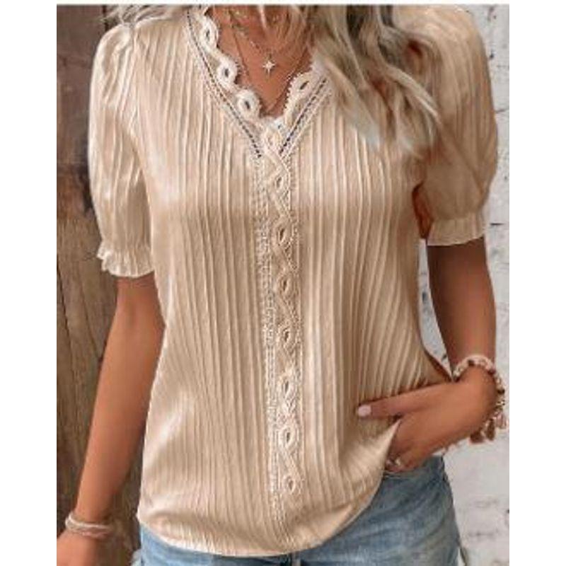 

2024 Vacation Fashion Hollow out Short Sleeved WOMEN S Shirt Apricot color 5XL