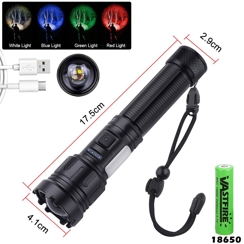 4 in 1 Zoomable Hunting Flashlight 30W 4000LM White+Green+Red+Blue 7 Modes Multi-color Outdoor Waterproof Type-C Charging Torch