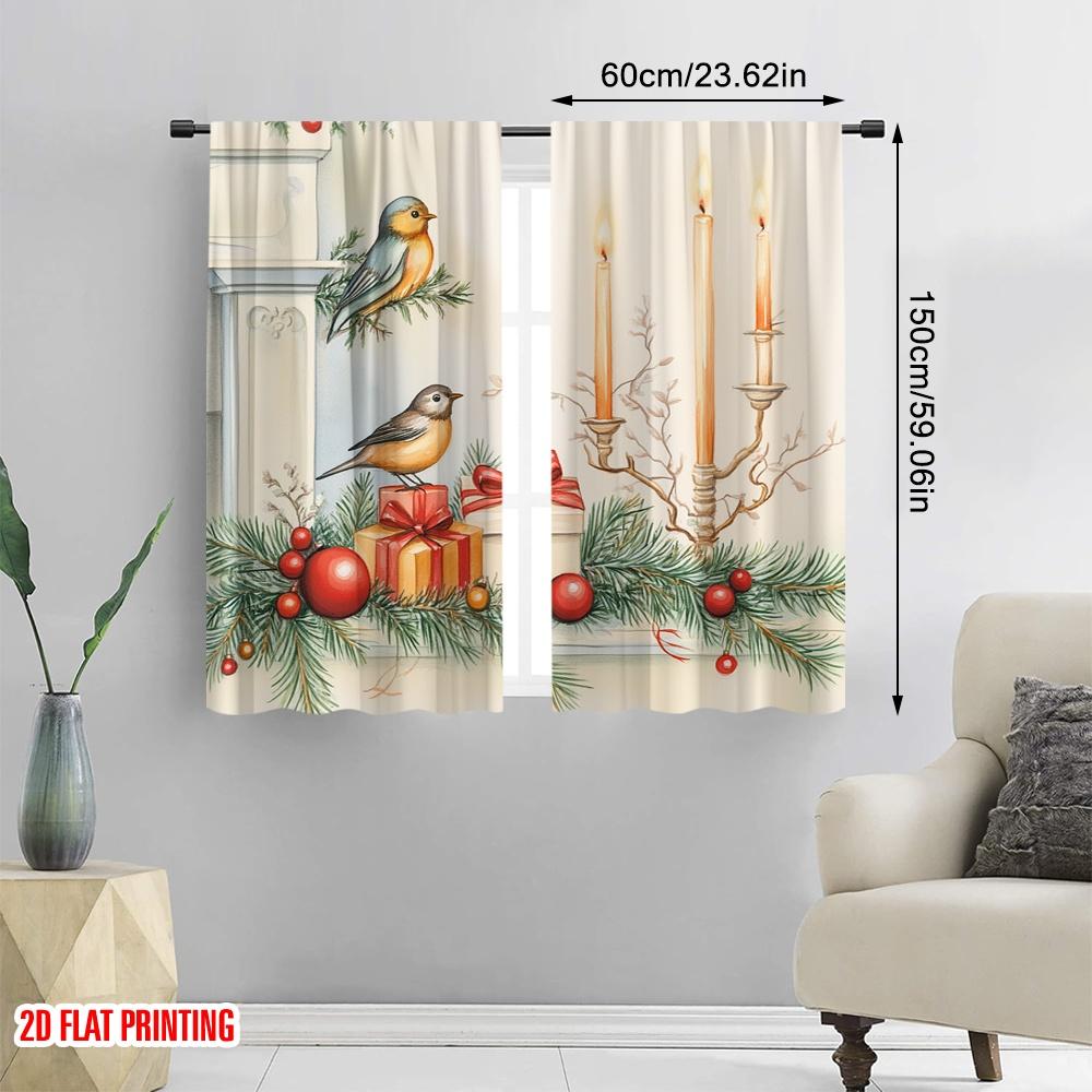 2pcs,2D Plane Printing Pattern Curtains Christmas Bird Candle Ornament Fireplace (3) Versatile 100% Polyester (without Rod)