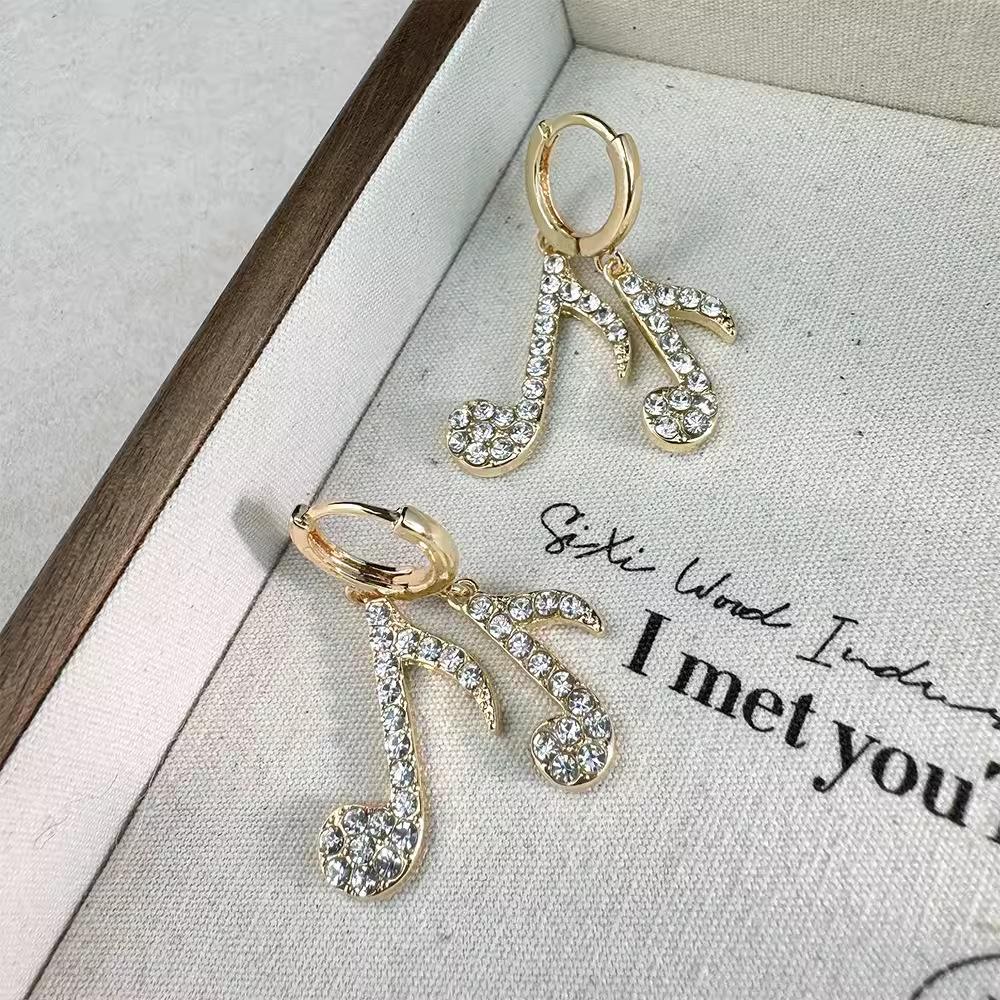 Geometric Simple Stud Earrings Temperament Full Diamond Asymmetric Music Note Earrings Versatile Light Luxury Earrings Women