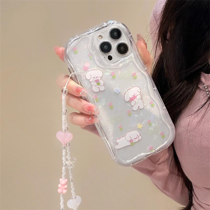 Zhitai Apple iPhone 15/16 Pro Cream Pattern Shell with Cartoon Design – Suitable for iPhone 12-14 Silicone Case with Chain