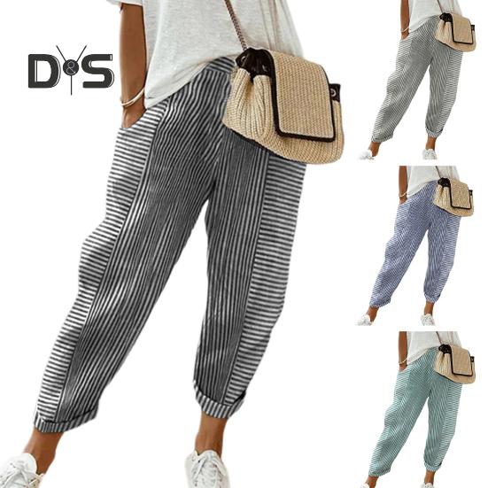 Damen Freizeithose Elastische Taille Mittelhohe Sommer-Jacquard-Lange Hose mit Taschen Streifenmuster Locker sitzende Hose