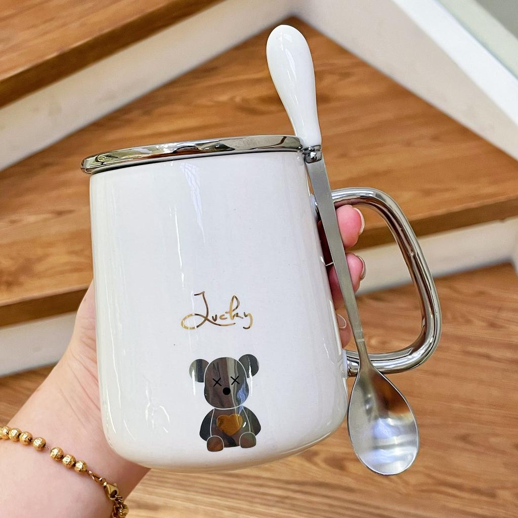 Mug with Lid Spoon Ceramic Cup for Women Home Couple Water Cup Office Coffee Cup for Boys Tea Cup High Appearance