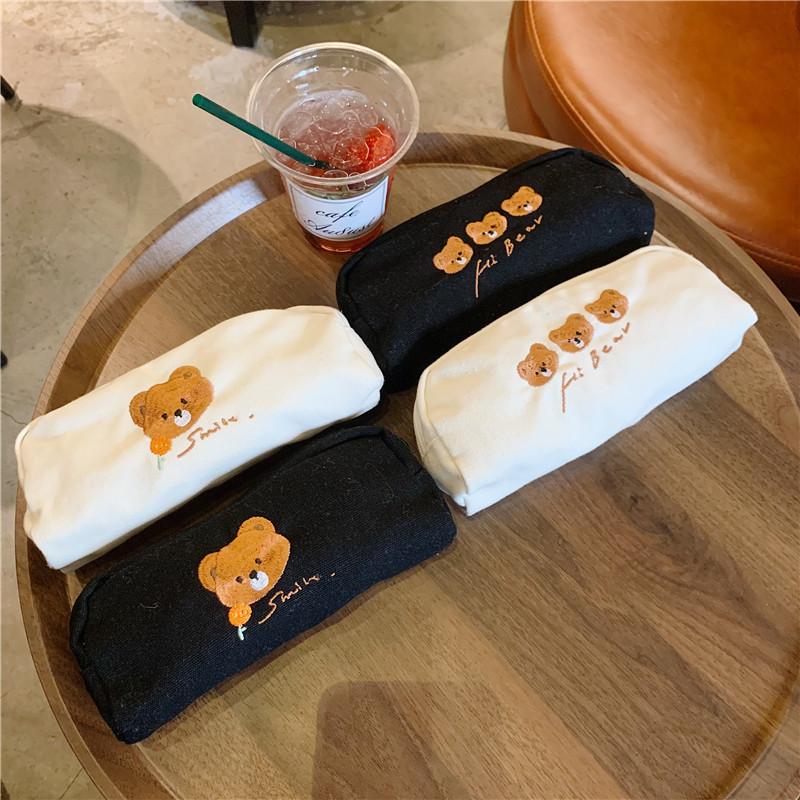 Cute Bear Embroidery Canvas Pencil Case Japanese Style Stationery Pouch Large Capacity Storage Bag