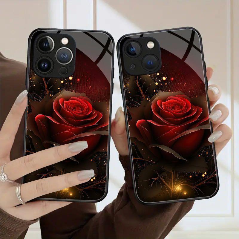 Rose patterned tempered glass phone case suitable for iPhone17 16 15 14 13 12 11Pro/Max/Plus anti drop and shockproof back cover