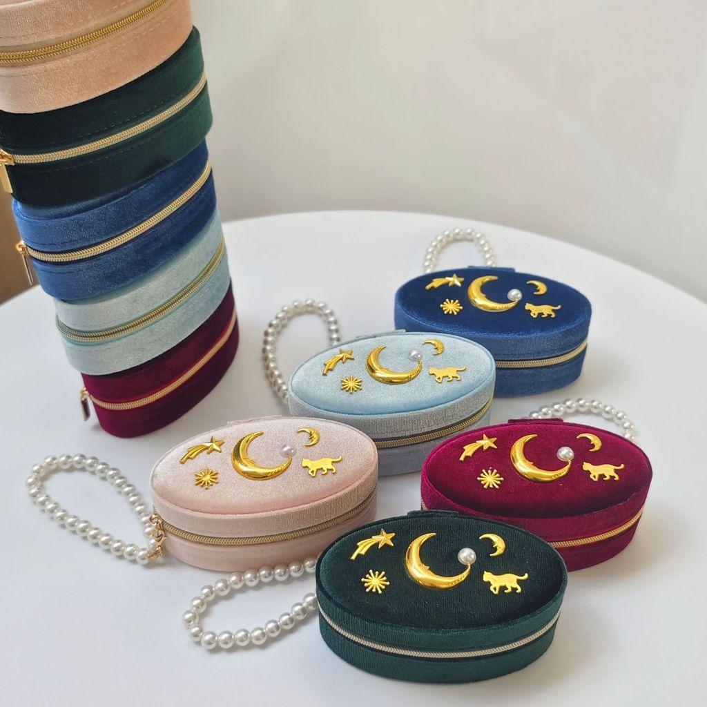 Scatola Portagioie Lunare Vintage con Materiale in Velluto e Cerniera con Perla per Orecchini e Anelli Regalo