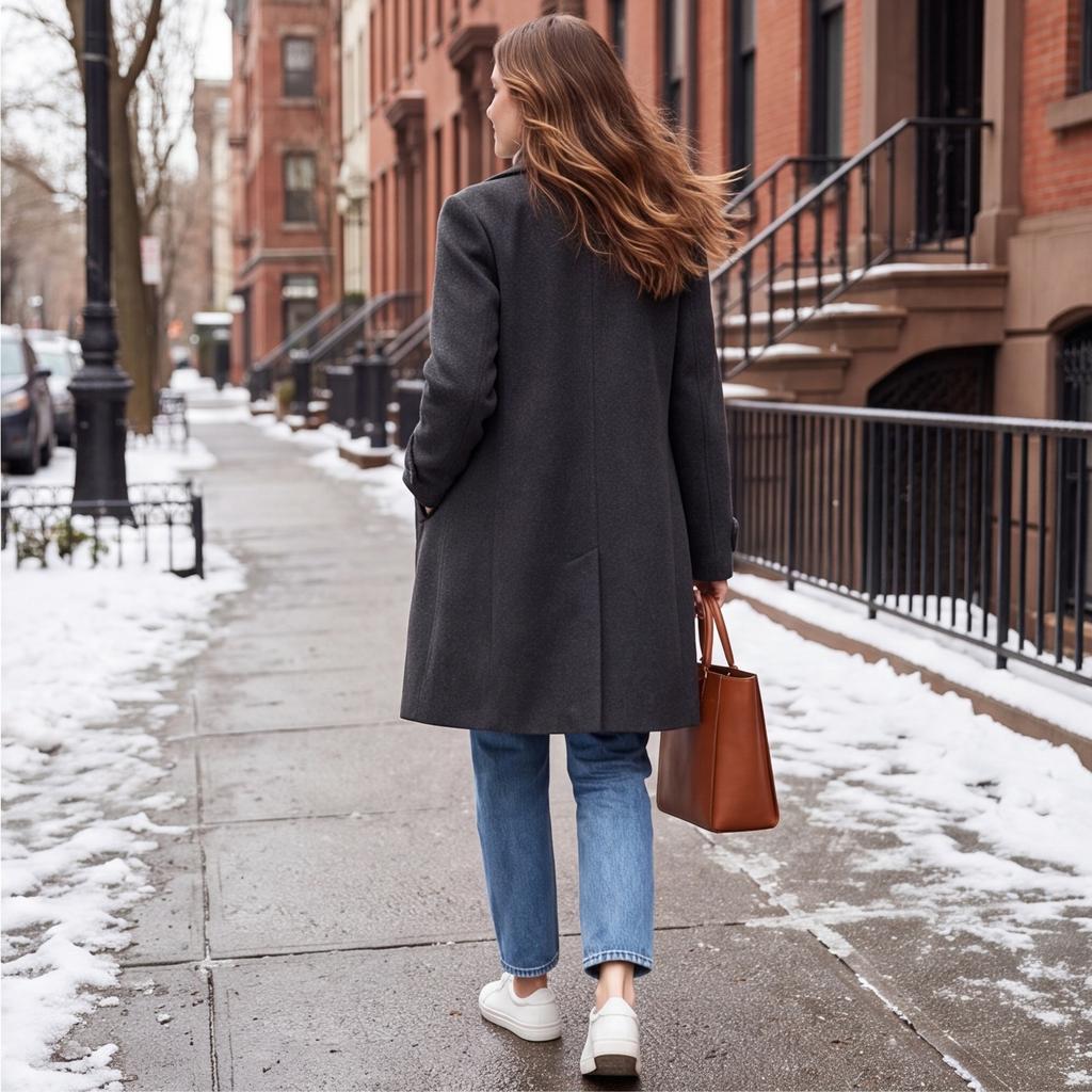 Women's Retro Casual Mid-Length Wool Coat with Lapel Collar for Winter Everyday Wear