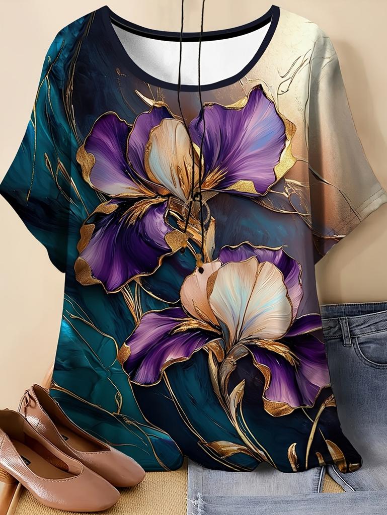 Sommer Damen Blumen T-Shirt 3D Druck Lockerer Schnitt Rundhals T-Shirts Bequeme Damenbekleidung Lässig Elegant Oversize Damen Oberteile