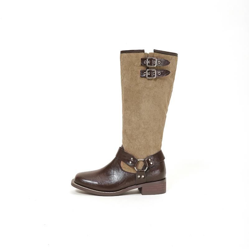 Cowhide version~ retro pleated platform locomotive knight boots for women's 2025 new autumn and winter tall boots over the knee