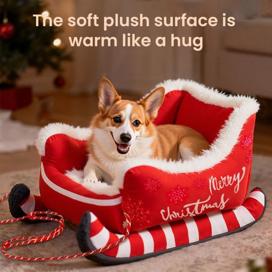 Weihnachtsschlitten Haustierbett Lustiges Flauschiges Weihnachtsmannschlitten Hundebett Abnehmbares Plüsch-Haustiersofa-Bett mit Rutschfester Unterseite für Katzen Hunde Feiertagsdeko