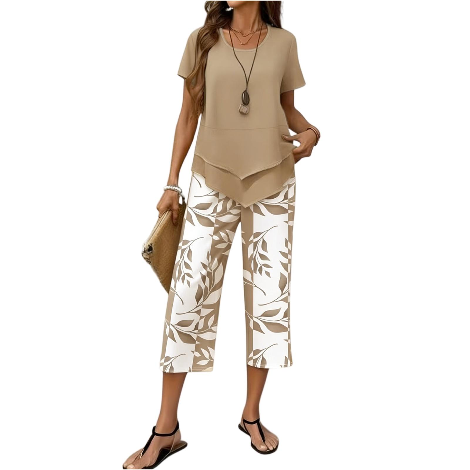 

2 Piece Sets For Women Summer Plus Size Square Neck Tops Floral Print Wide Leg Capris Pants Boho Beach Travel Outfits L коричневый