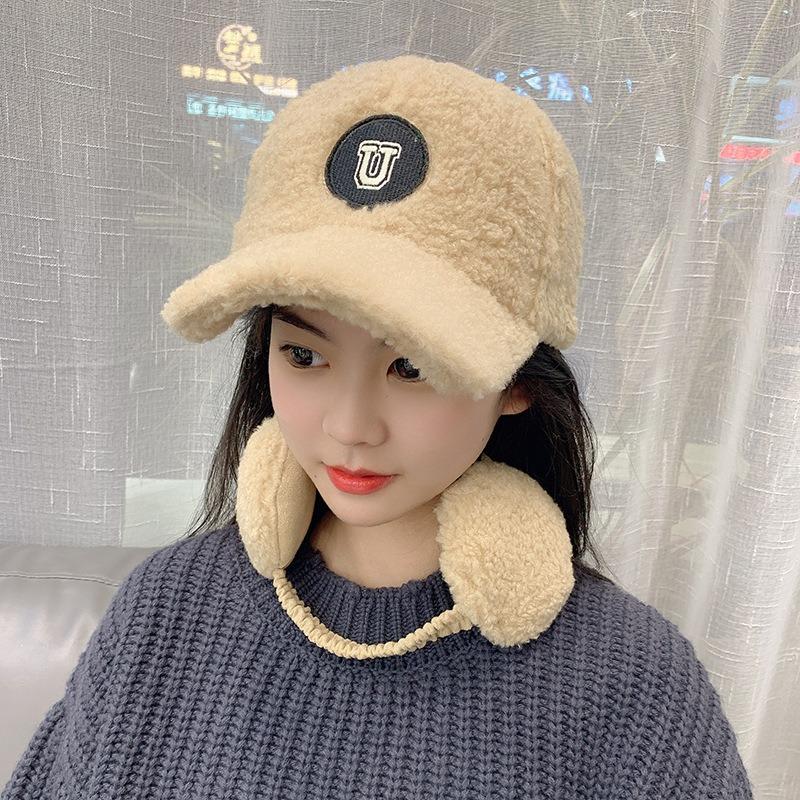 Versatile letter soft top plush cap lamb wool baseball cap women's winter thickened warm ear hat