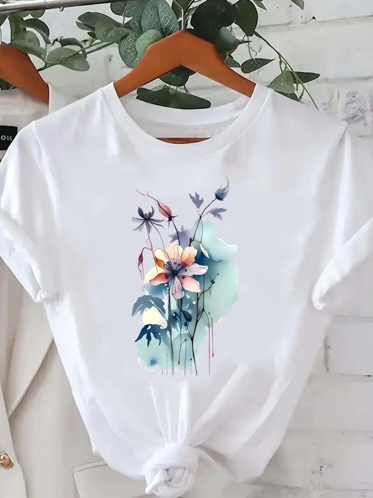 (Asian Size) Tee Lady Female Clothing T Shirt Printed Women Casual Fashion Feather Vintage Trend Top Graphic Short Sleeve T-shirts