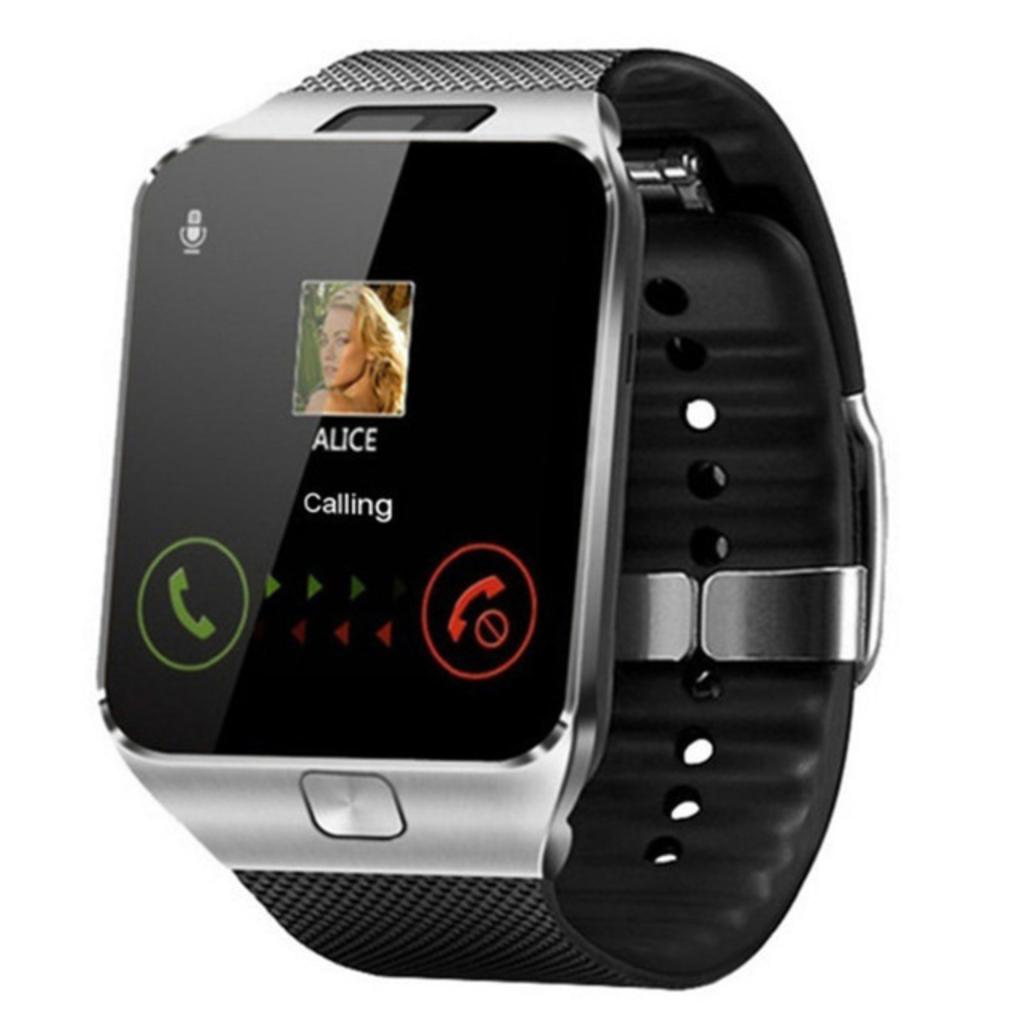 DZ09 Smartwatch with SIM card support for phone calls intelligent reminders Bluetooth and location tracking. Available in black with an English
