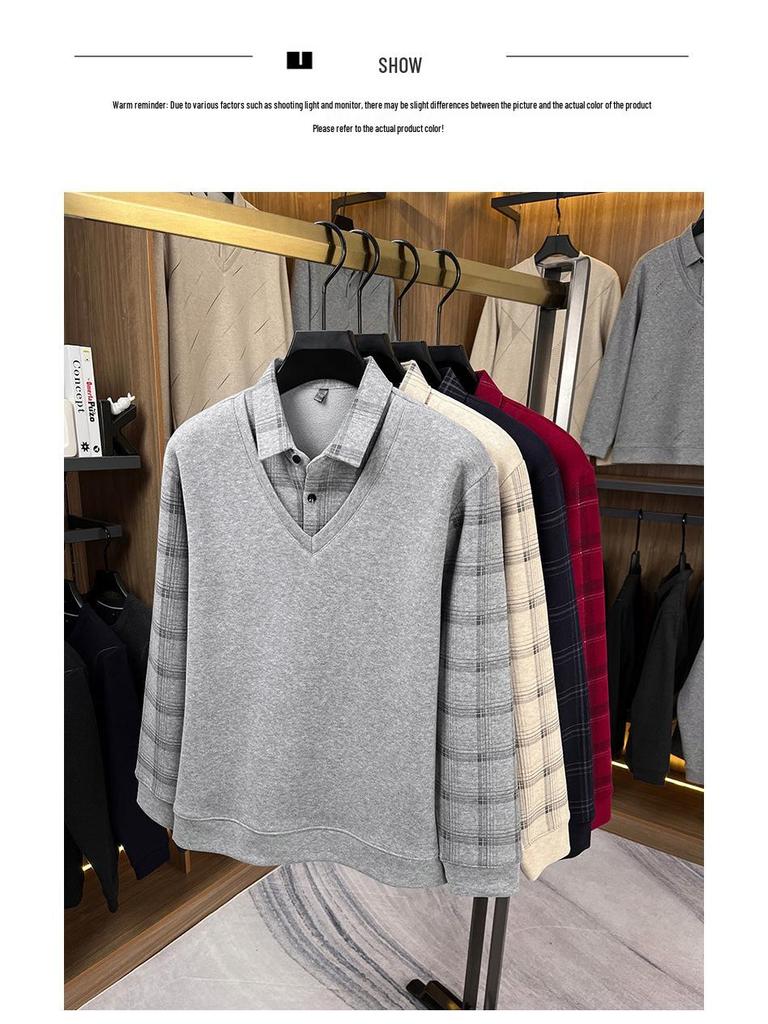 Men's 2025 Winter Plus Velvet Faux Two-Piece Lapel Knitwear for Middle-Aged & Elderly Dads