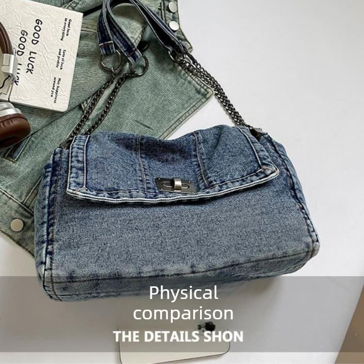 Vintage Washed Denim Chain Underarm Bag Tote Bag