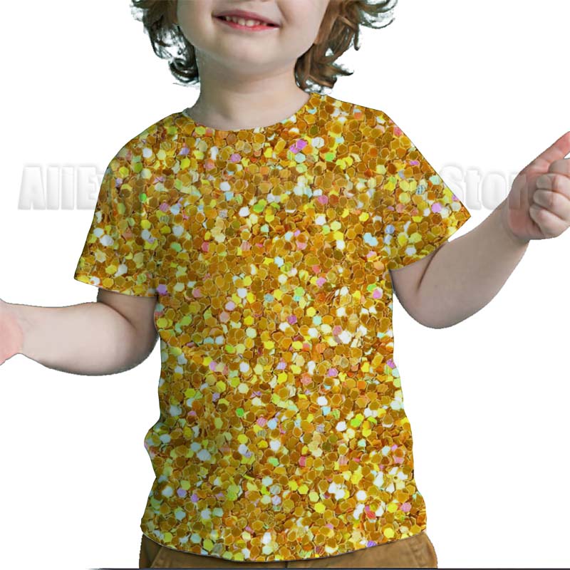 

Літня Креативна Блискуча Золота Дитяча Футболка Малюк Смішна Футболка Хлопчики Дівчатка Підлітки Барвиста 3D Футболка 170