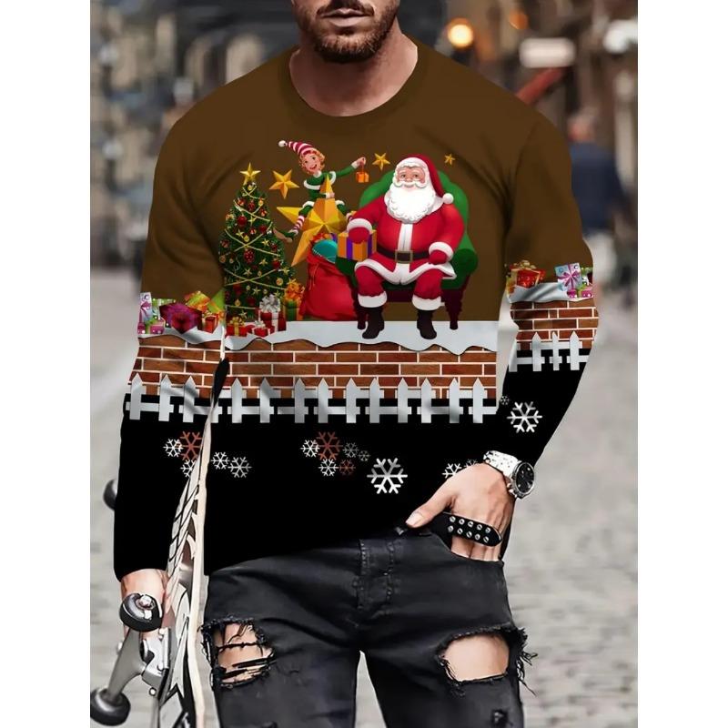 Men's T-Shirt Santa Claus 3D Print Christmas Men's Long Sleeve T-Shirts Casual Pullover Top Holiday Comfortable Men's Clothing
