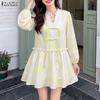 ZANZEA Women Elegant Casual V-Neck Long Sleeve Loose Print Dress