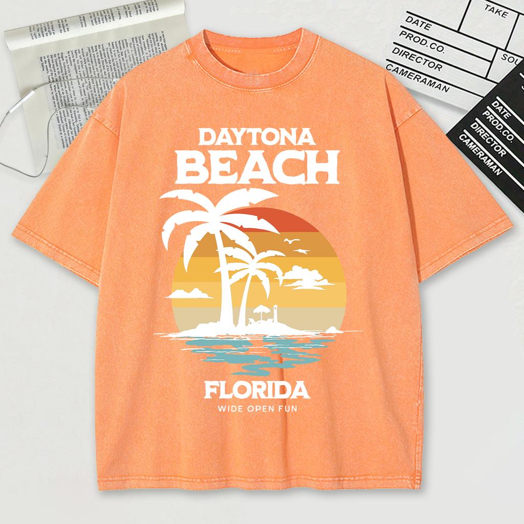 Daytona Beach Florida Wide Open Fun Print Snow Wash Mens T-Shirt O-Neck Tee Soft Cotton Top Trendy Unisex Short Sleeve