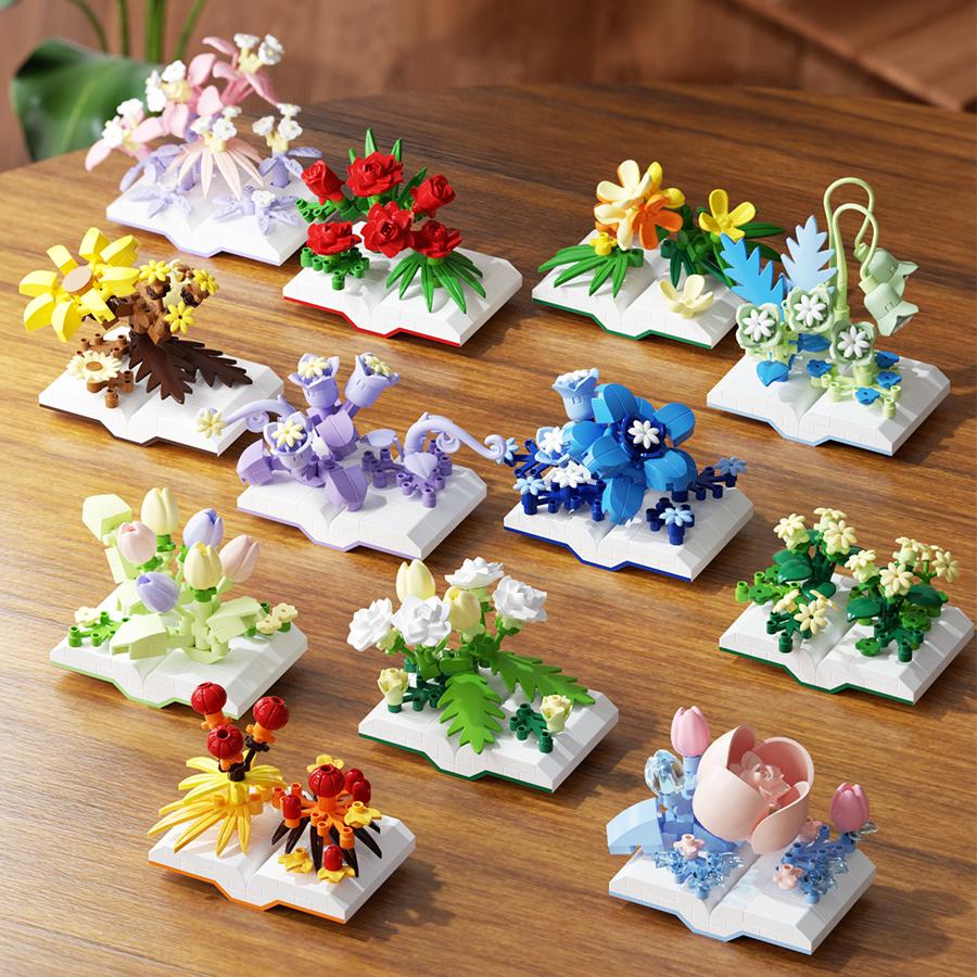 Creative Plastic Flowers Book Series Micro Building Blocks Educational Kids Toys Desktop Decoration Gift for Mother's Day