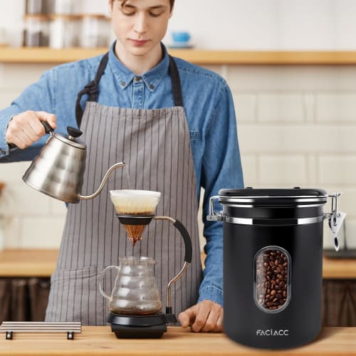 FACIACC 1800ML Coffee Canister, Stainless Steel Sealed Tank with Large Capacity, Date Display Dial, Exhaust Valve & Measuring Spoon, Coffee Bean Stora