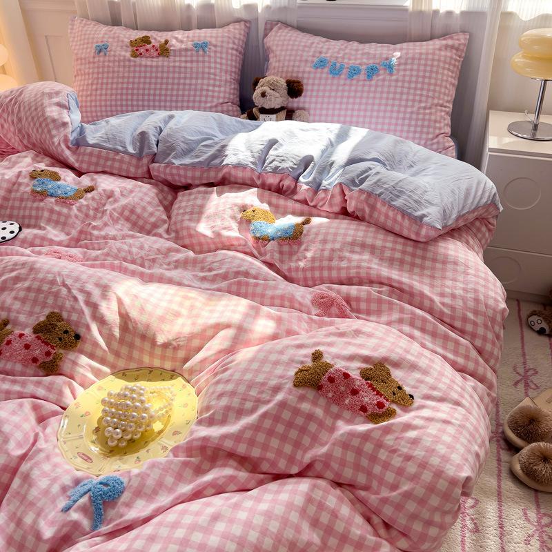 Applique Embroidery Ins Towel Embroidery Washed Cotton Four-piece Quilt Cover Bed Sheet Dormitory Three-piece Bedding Set Bed Sheet Quilt Cover