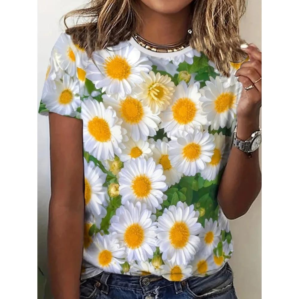 Summer Women T-shirt Creative Flower 3D Printed Short Sleeved T-shirt Fashionable Comfortable Soft Breathable Large Loose T-shirt