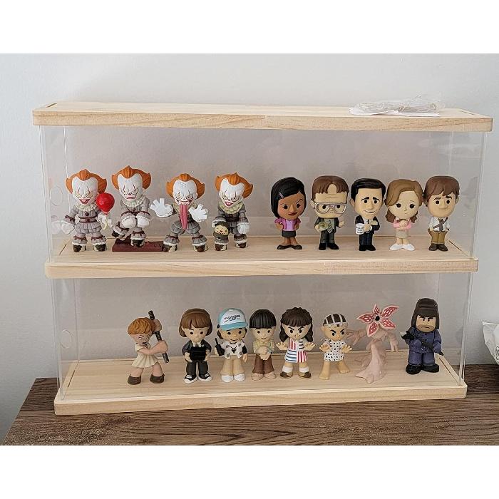 Clear Acrylic Display Shelf Case for Mini Funko Pop, Wooden Display Stand Riser 2 Layer Storage Rack for Decoration Action Figures Collectibles Toys,