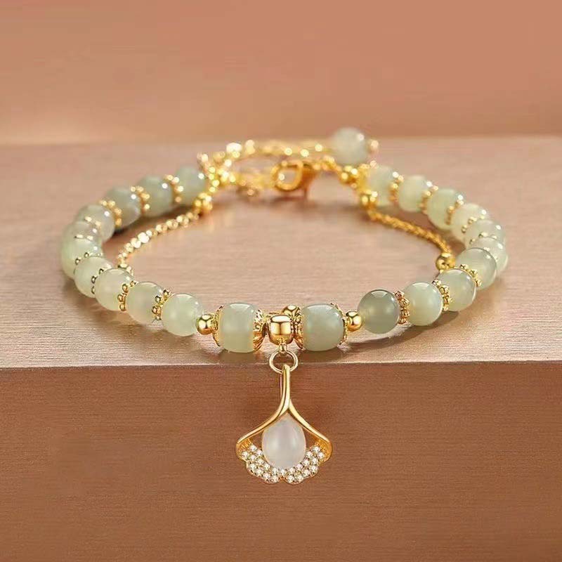 Fashion Gold Color Apricot Leaf Pendant Bracelet For Women Chinese Style Imitation Jade Double Layer Beaded Bracelet Jewelry