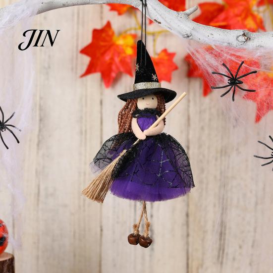 Festlicher Halloween-Schmuck Hexe Puppe mit Besen, Kleine Hängende Figur Partydekorationen Tüllrock für Spukhaus, Türfenster Dekor