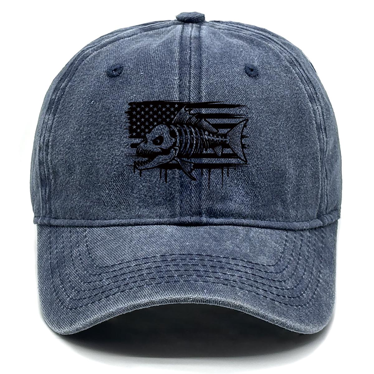

American Flag Fish Skeleton Print Adjustable Baseball Hat, Patriotic Mesh Hat Retro Distressed Non-Stretch Fabric Washed Snapback Sun Hat as the picture