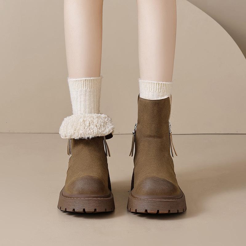 Augustine Fleece Martin Boots Women's Winter 2025 New Thickened Brown Short Boots Thick Heel Platform Snow Cotton Shoes