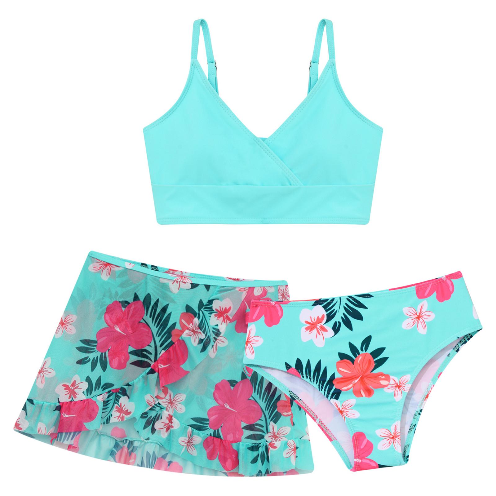 

Купальные костюмы для девочек, мягкий купальник-бикини из 3 предметов с прикрытой юбкой с цветочным принтом, пляжный купальник-танкини для серфинга 8-9 Years мятный зеленый