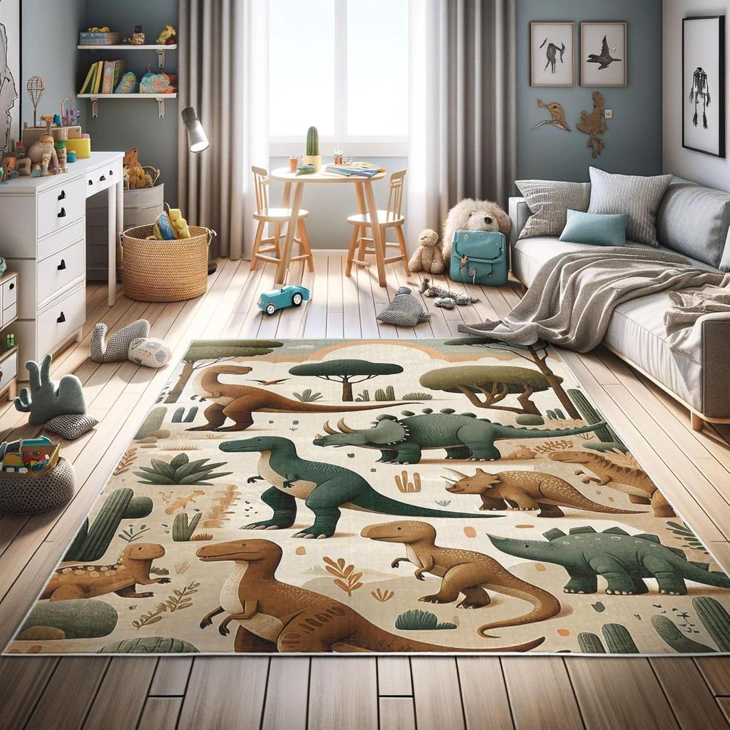 Dinosaur Decorative Rug,Jurassic Scenario Cartoon Animals in Wilderness Cloudy Sunrise Back, Quality Carpet for Bedroom Dorm and