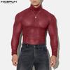 INCERUN Men Turtleneck Long Sleeve Mesh Skinny Tops See Through T-shirts Undershirt