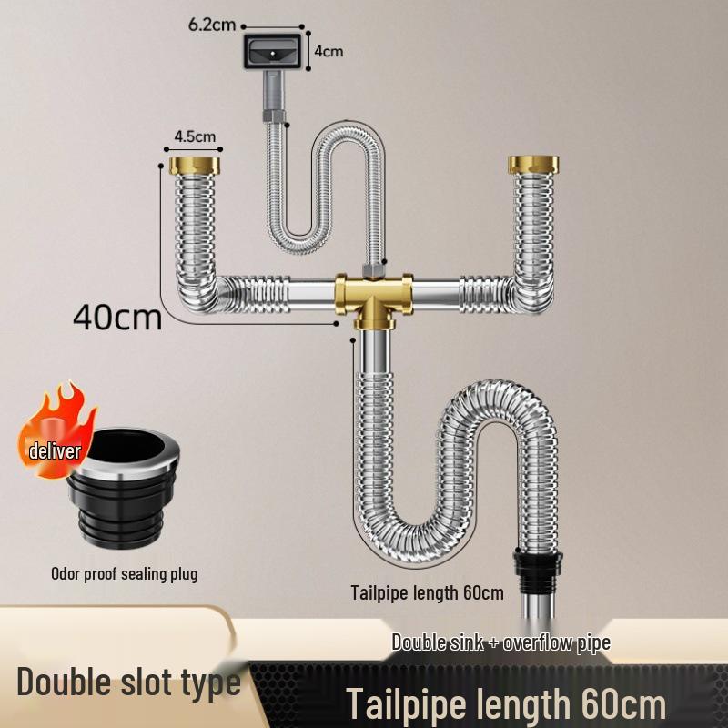 Stainless Steel Kitchen Sink Drain Pipe Set with Anti-Odor Features for Single or Double Sinks and Dishwasher Integration